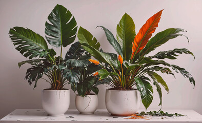 Poster - Three potted plants are on a white table. One is a palm tree, one is a fern, and one is a tropical plant