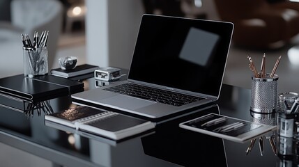 Poster - Modern Minimalist Workspace With Laptop and Accessories