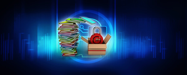 Poster - 3d rendering students education book with copyright lock on card box