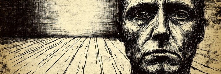 Wall Mural - A somber, sketch-like portrait of a man with a stark, empty background.