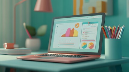 Poster - A stylish, modern workspace featuring a laptop displaying colorful graphs and charts, surrounded by vibrant decor