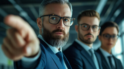 Poster - Focused businessman pointing at the viewer while standing with his team in the office