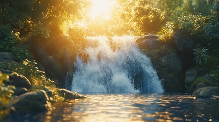 Sticker - Sunlit waterfall cascading over rocks into a tranquil stream, surrounded by lush green foliage.