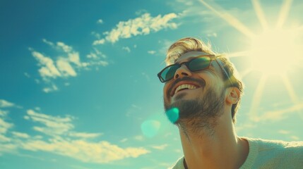 A dynamic image of a man smiling while enjoying a sunny day, capturing joy and spontaneity