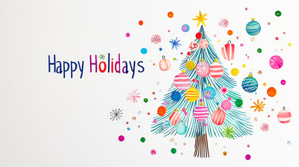 Poster - holiday card with a hand-drawn Christmas tree, colorful ornaments, and the text 