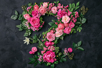 Poster - A creative floral design features colorful roses and blooms arranged in the shape of a question mark against a dark backdrop