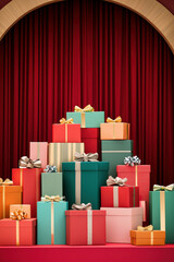 Poster - A collection of vibrant gift boxes stacked elegantly in front of a rich red curtain, creating a joyful atmosphere for a celebration
