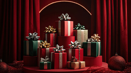 Poster - A vibrant display of beautifully wrapped gifts with bows in red, green, and gold, setting a festive atmosphere for the holiday season