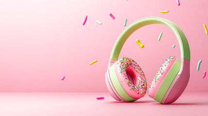Poster - Bright headphones designed to resemble a donut are positioned on a pink surface with colorful sprinkles scattered in the background