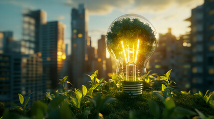 Poster - Illuminated miniature tree inside a light bulb lights up a sustainable city at sunset, representing green energy and environmental preservation
