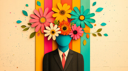 Fototapete - A figure in a suit has a vibrant array of flowers atop its head, showcasing the blend of formal attire with playful creativity