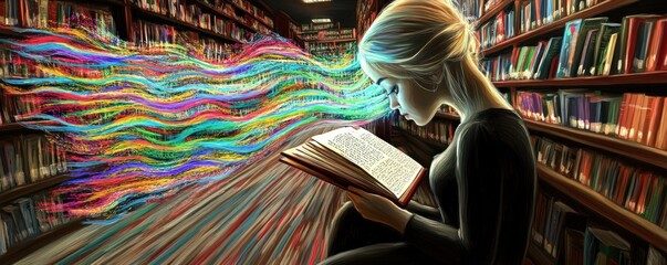 Poster - A person reading in a library, with colorful energy flowing from the book.