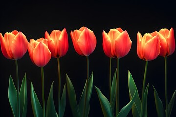 Poster - Vibrant Red Tulips with Green Leaves on Dark Background