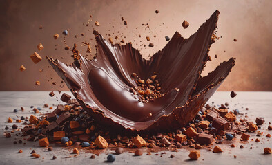 Poster - Chocolate explosion with chocolate and other ingredients scattered around. The chocolate is in the shape of a heart