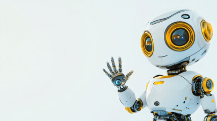 Aufkleber - Cute white and gold robot waving its hand on white background, in a friendly gesture