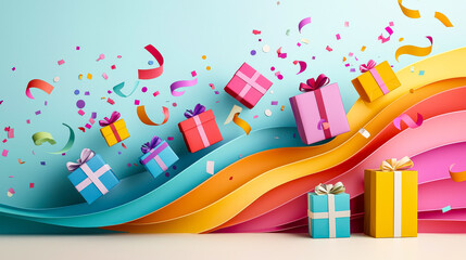 Poster - Vibrant gift boxes float along a colorful wave, with confetti and ribbons creating a cheerful atmosphere for a celebration