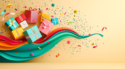 Poster - Brightly wrapped gifts are surrounded by colorful confetti and ribbons, enhancing the festive mood in a celebratory environment