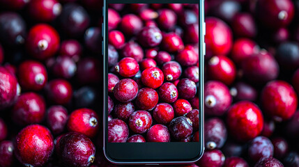 Poster - A smartphone showcases vibrant red cranberries, surrounded by a rich collection of fresh fruit at a market during autumn