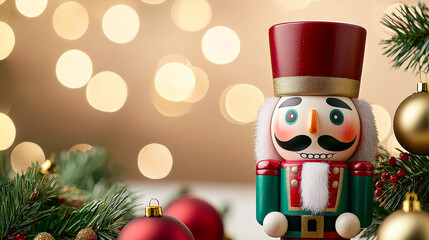 Poster - A vibrant nutcracker figurine is displayed with ornaments and greenery, capturing the spirit of holiday celebrations