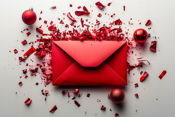 Poster - A vibrant red envelope lies amidst sparkling decorations and confetti, creating a cheerful atmosphere for a holiday celebration