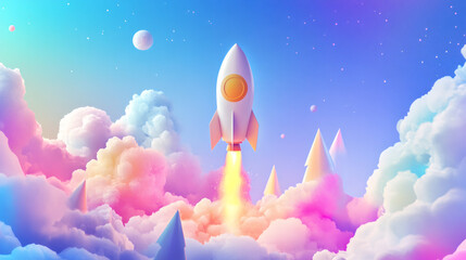 Aufkleber - White rocket launching through pastel-colored clouds, planets, and stars in a dreamy sky, symbolizing new beginnings and exploration