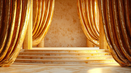 Poster - Golden curtains frame a grand stage, illuminated by warm lighting, ready for an upcoming theatrical performance