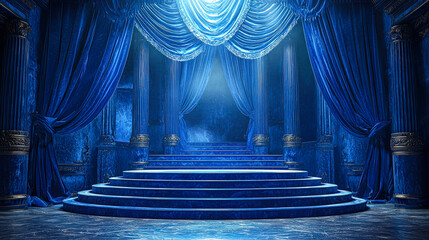 Aufkleber - Stunning blue curtains frame a beautifully lit stage with grand steps, creating an enchanting atmosphere for an upcoming performance