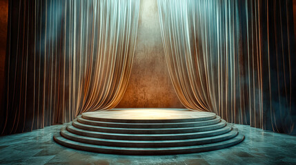Aufkleber - The stage features elegant curtains and a well-lit platform, creating an inviting atmosphere for a theatrical performance