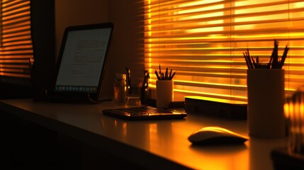 Poster - Golden Hour Workspace With Tablet Keyboard And Mouse