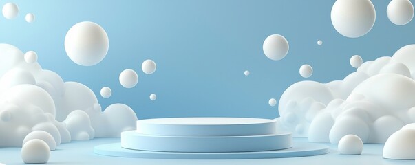 Poster - Minimalist blue background with empty podium and floating spheres