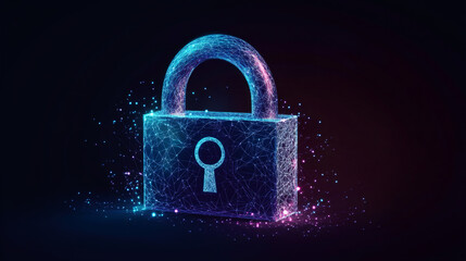 Fototapete - Glowing polygonal padlock on a dark background symbolizing cybersecurity and data protection