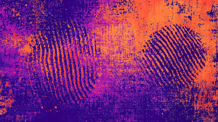 Poster - overlapping fingerprint patterns on a textured surface, blending vibrant shades of purple and orange for a striking visual