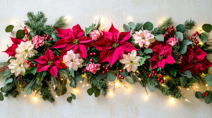 Poster - A beautiful arrangement of red and pink poinsettias is paired with lush greenery and illuminated by twinkling lights, perfect for holiday decor