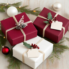 Festive red and white gift boxes adorned with ribbons and tags, surrounded by holiday decorations, evoke warm and joyful atmosphere