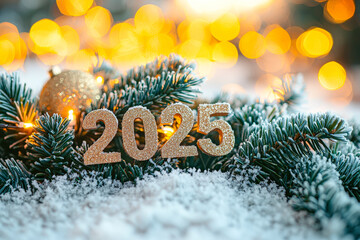 Poster - The year 2025 is displayed in sparkling numbers, surrounded by snowy pine branches and warm, glowing lights during the festive season
