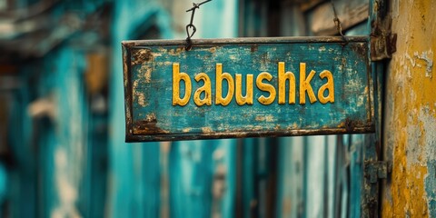 A rustic, vintage wooden sign with the word 'babushka' painted in yellow letters hangs against a blurred teal and blue urban background, suggesting a cultural theme.