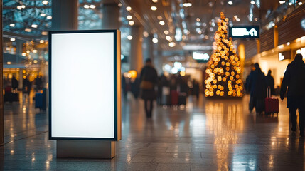 Poster - Travelers hurry through a festive airport, passing a blank advertising board and a beautifully lit Christmas tree in the background