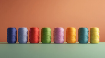 Poster - Vibrant spools of thread arranged neatly on a table, ready for sewing, stitching, and embroidery projects