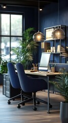 Wall Mural - A modern office interior design features elegant blue chairs, a sleek computer setup, and stylish lighting, creating an inviting workspace with abundant greenery.