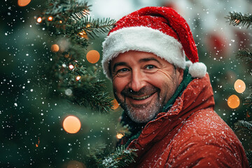 Poster - A man smiles warmly while surrounded by snow-covered trees adorned with twinkling lights, capturing the holiday spirit