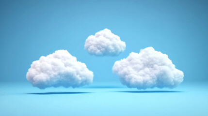 Poster - Minimalist rendering of three white clouds floating on a light blue background, creating a serene and dreamy atmosphere