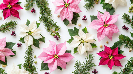 Poster - Colorful poinsettias in shades of pink and white are beautifully arranged with evergreen sprigs and decorative berries for the holidays