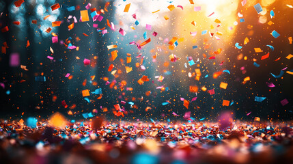 Fototapete - Brightly colored confetti floats through the air, settling on the ground during a joyful evening celebration in a vibrant outdoor setting