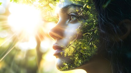 Poster - Ethereal Portrait of a Young Woman Merging with Nature, Highlighting Connection Between Human and Environment in a Dreamlike Forest Setting with Soft Light