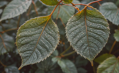 Poster - Leaf is wet and has a brown tip. The water droplets on the leaf are small and scattered, giving the leaf a shiny appearance. The leaf is attached to a stem