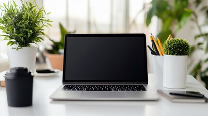 Poster - Modern Laptop Workspace With Plants And Supplies