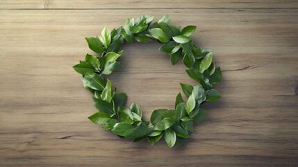 Wall Mural - Green Leaves Arranged In Oval Shape On Wood