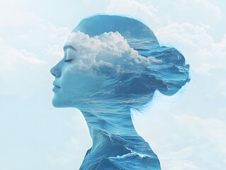Poster - Captivating Double Exposure Portrait of a Woman with Ocean Waves and Clouds Merging, Symbolizing Freedom, Serenity, and Natural Beauty in a Dreamlike Atmosphere