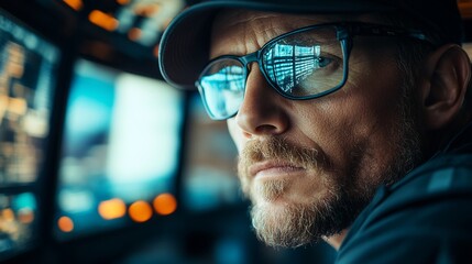 Poster - Serious man in glasses monitors computers.