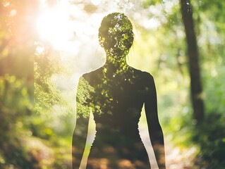 Poster - Ethereal Silhouette of a Woman in Nature, Surrounded by Lush Greenery and Sunlit Forest, Capturing the Essence of Serenity and Tranquility in a Dreamlike Landscape